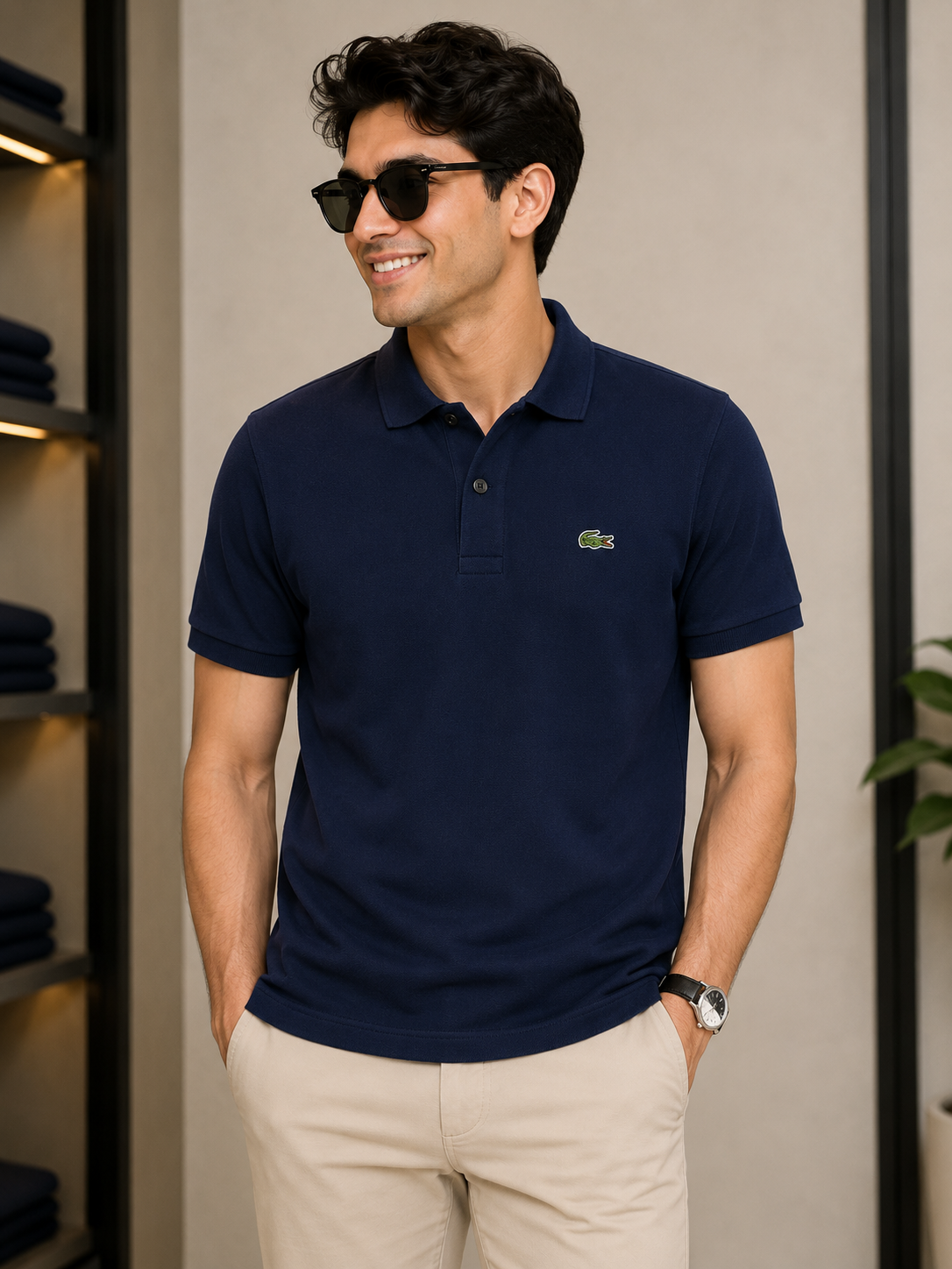 L Men Navy Regular Fit Cotton Pima Shirt