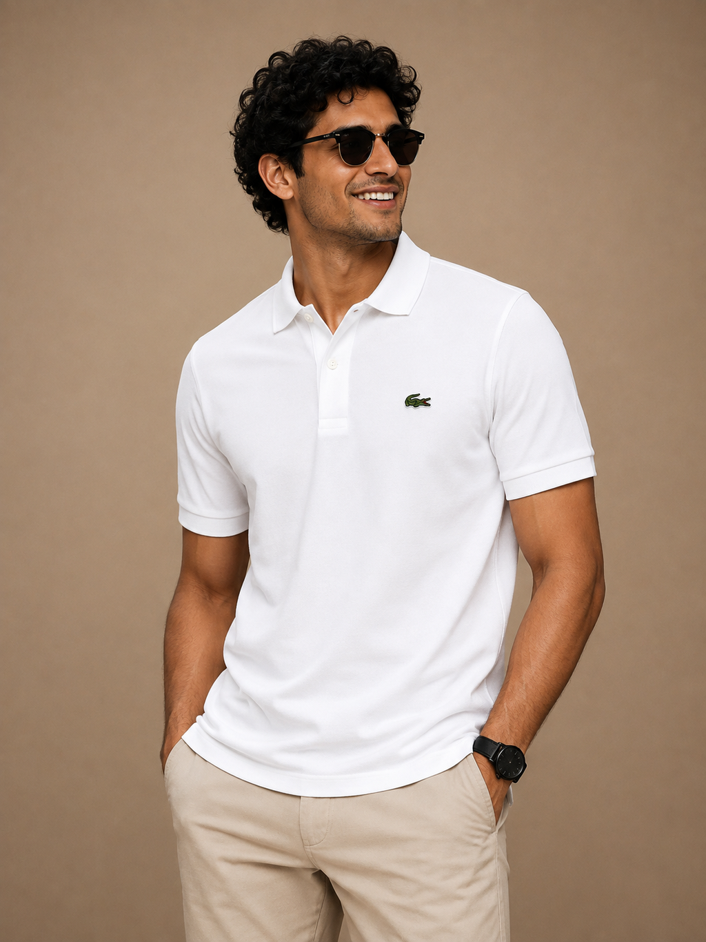 L Men White Solid Polos