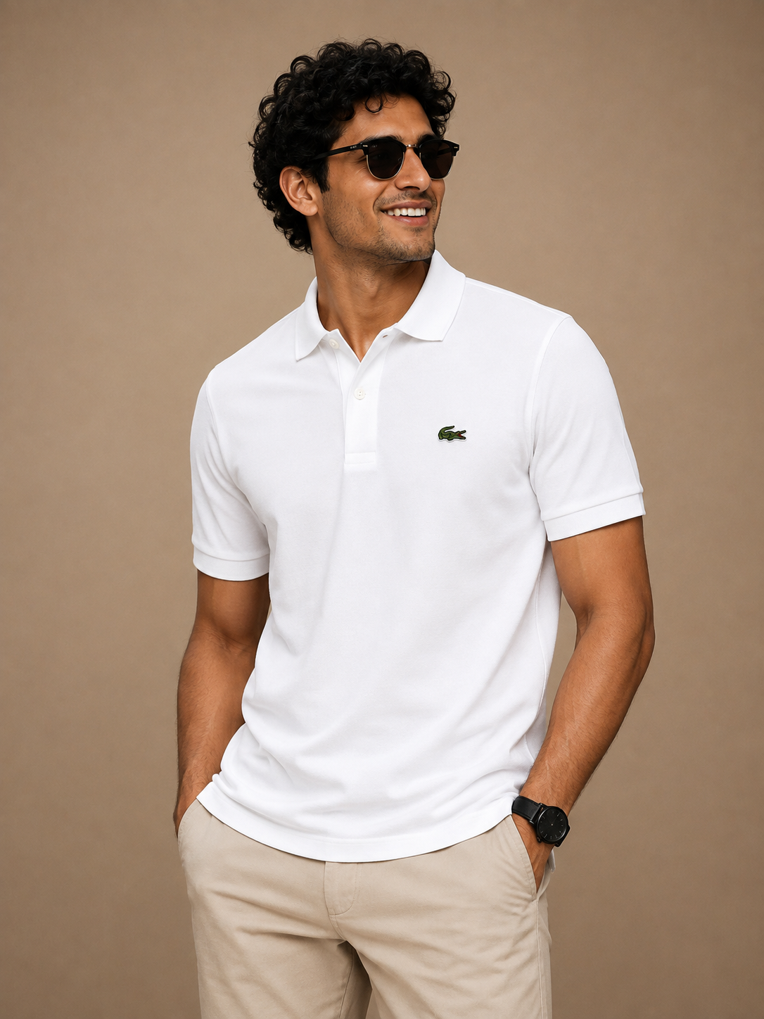 L Men White Solid Polos